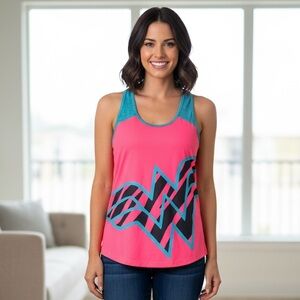 DC Comics Neon Pink Teal Graphic Racerback Athletic Tank Top fits like S/M